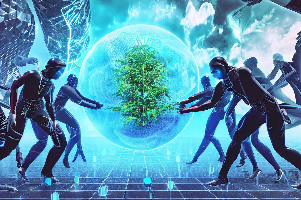 image showcasing a diverse group of people working together towards a sustainable future, symbolizing the collective effort required in achieving the balance between transhumanism and ecological sustainability