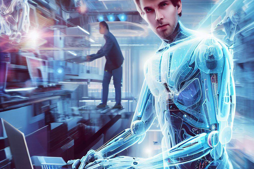 image portraying individuals utilizing transhumanist enhancements to increase productivity and efficiency in various tasks
