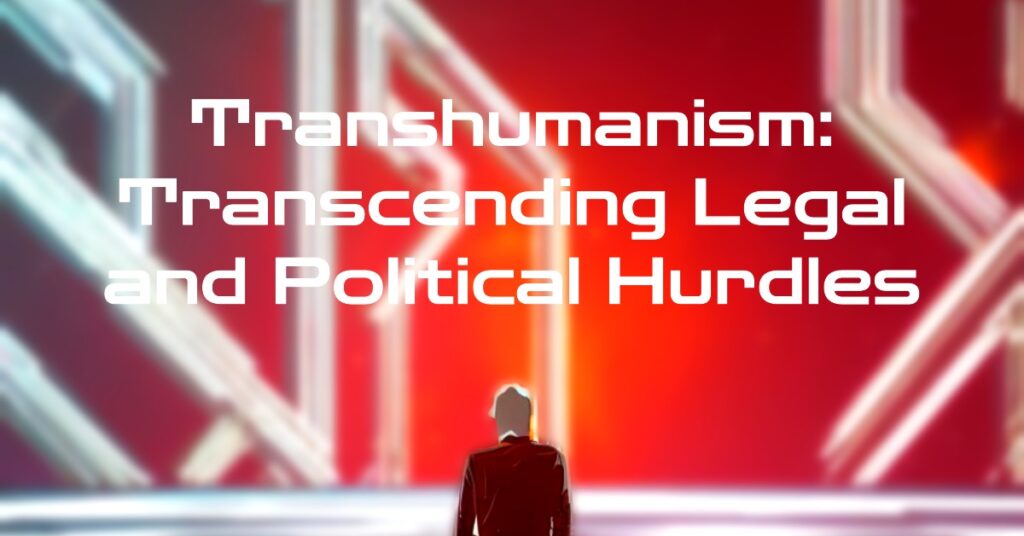 Transhumanism Futuristic, technological setting with a person standing at a crossroads, with multiple paths leading in different directions. Primary colour is red.